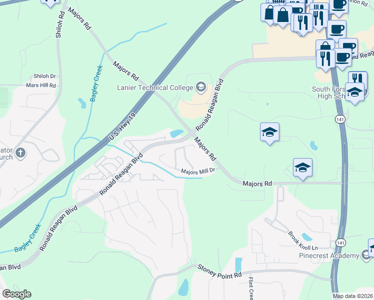 map of restaurants, bars, coffee shops, grocery stores, and more near 8240 Scuffle Bridge Lane in Cumming