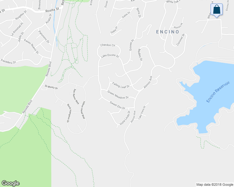 map of restaurants, bars, coffee shops, grocery stores, and more near 18123 Green Meadow Drive in Los Angeles