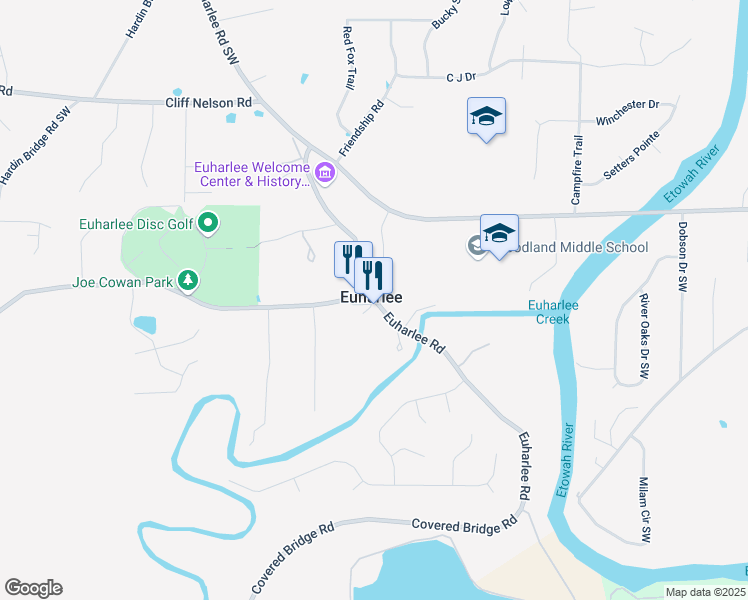 map of restaurants, bars, coffee shops, grocery stores, and more near 116 Covered Bridge Road Southwest in Euharlee