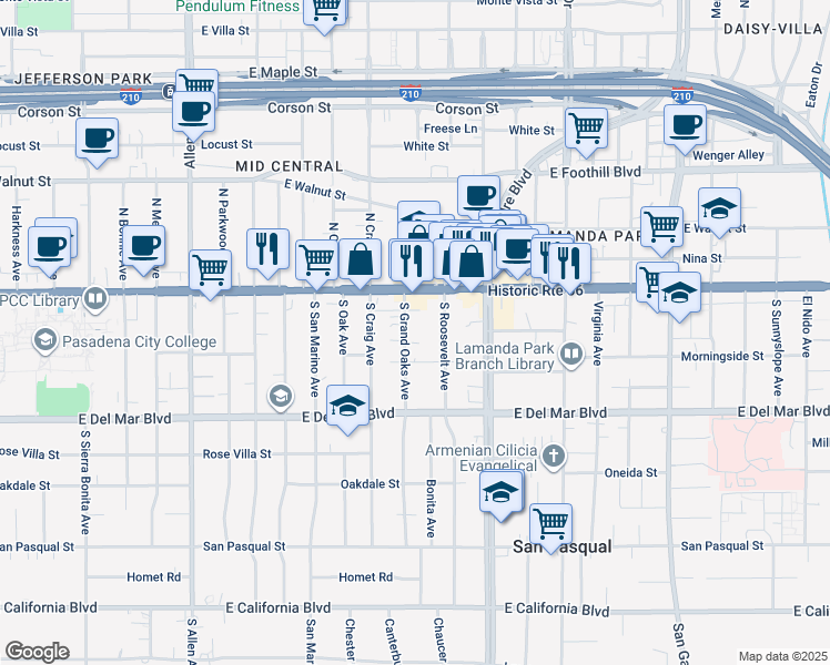 map of restaurants, bars, coffee shops, grocery stores, and more near 66 South Grand Oaks Avenue in Pasadena
