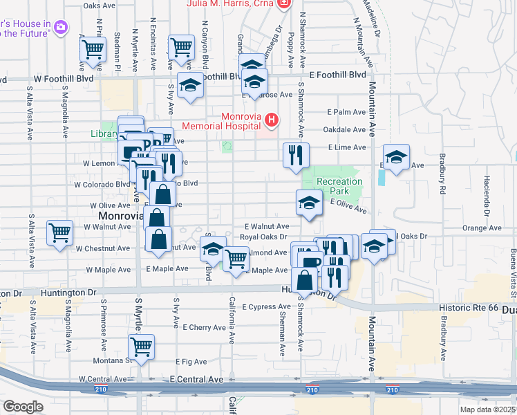 map of restaurants, bars, coffee shops, grocery stores, and more near 502 East Olive Avenue in Monrovia