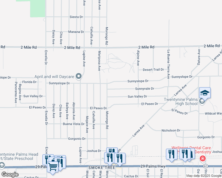 map of restaurants, bars, coffee shops, grocery stores, and more near 72128 Sunnyvale Drive in Twentynine Palms