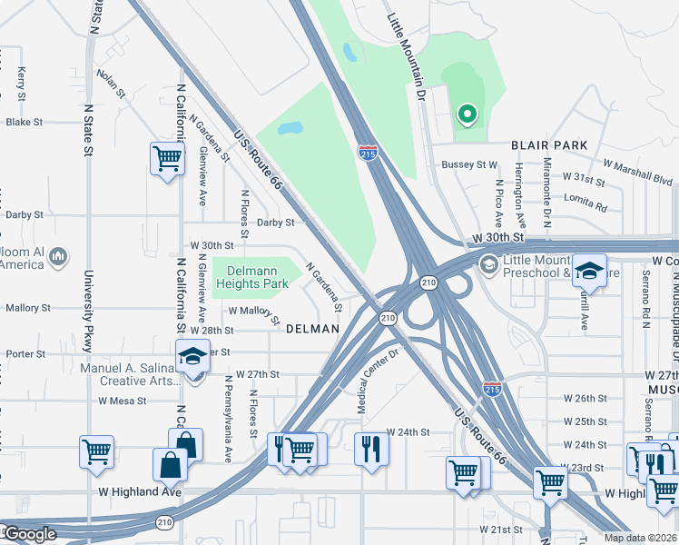 map of restaurants, bars, coffee shops, grocery stores, and more near Cajon Boulevard in DEVORE HGHTS