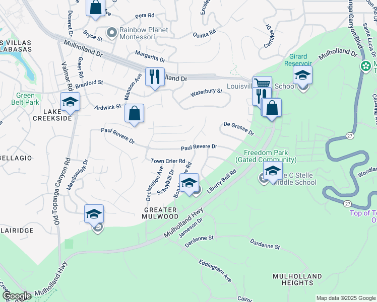 map of restaurants, bars, coffee shops, grocery stores, and more near 22612 Paul Revere Drive in Calabasas