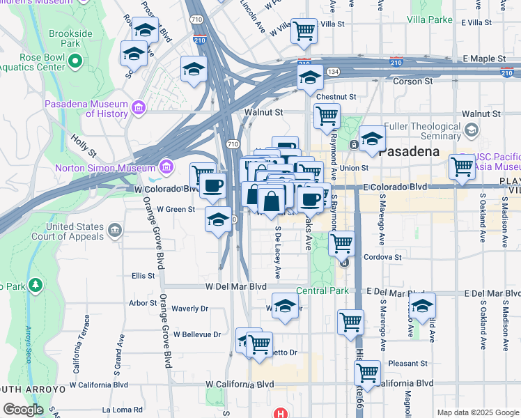 map of restaurants, bars, coffee shops, grocery stores, and more near 135 West Green Street in Pasadena