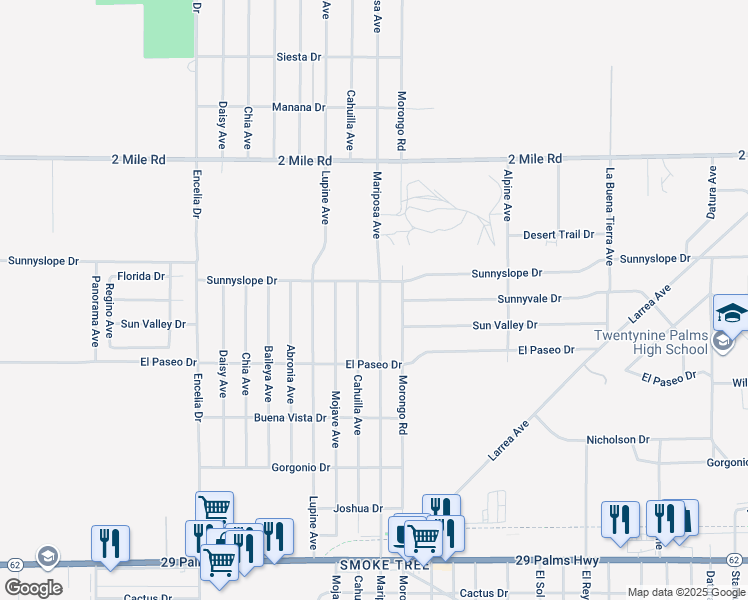 map of restaurants, bars, coffee shops, grocery stores, and more near 5968 Mariposa Avenue in Twentynine Palms