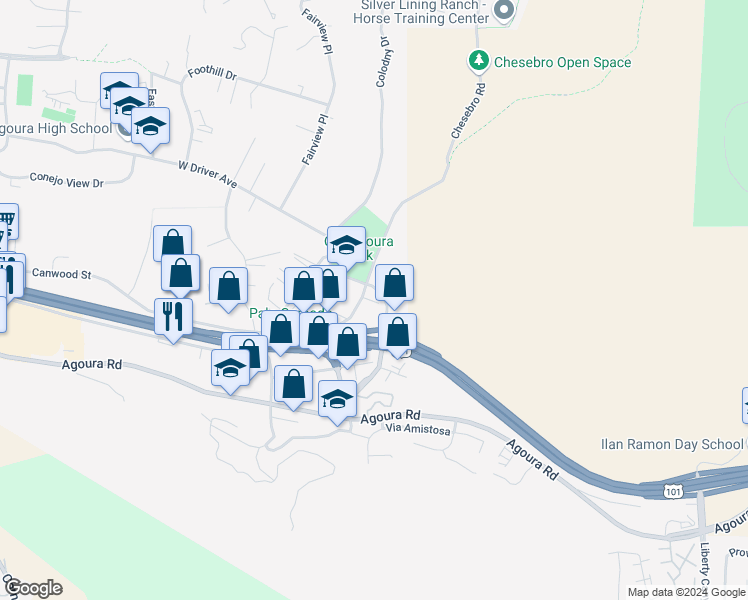 map of restaurants, bars, coffee shops, grocery stores, and more near 5250 Chesebro Road in Agoura Hills