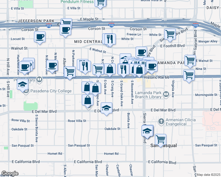 map of restaurants, bars, coffee shops, grocery stores, and more near 67 South Craig Avenue in Pasadena