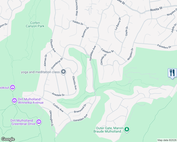 map of restaurants, bars, coffee shops, grocery stores, and more near 19420 Shenango Drive in Los Angeles