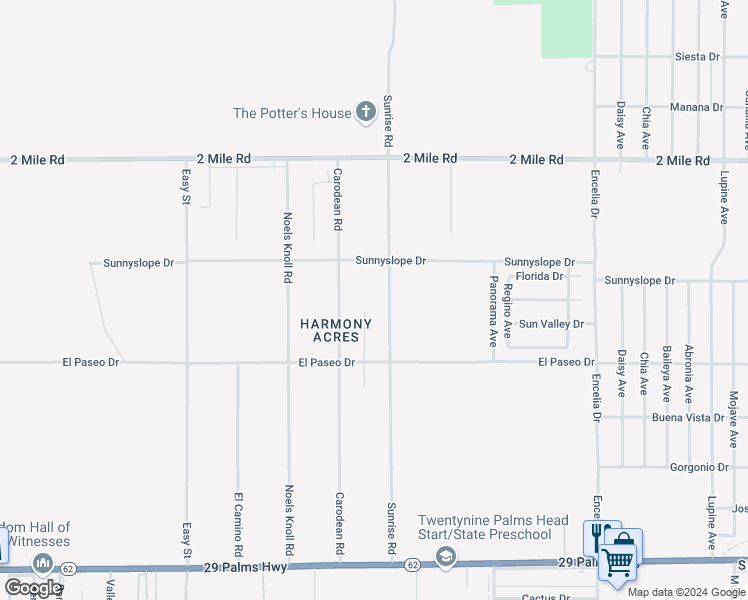 map of restaurants, bars, coffee shops, grocery stores, and more near 5960 Sunrise Road in Twentynine Palms