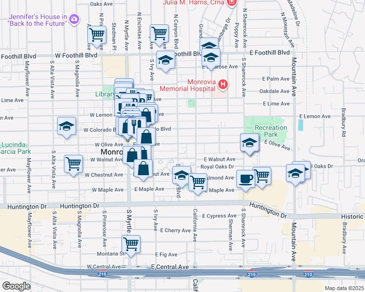 map of restaurants, bars, coffee shops, grocery stores, and more near 310 East Olive Avenue in Monrovia