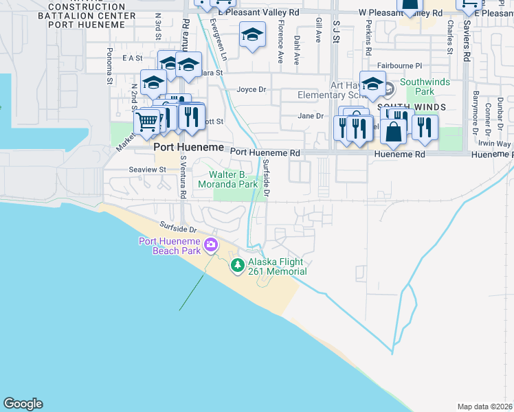 map of restaurants, bars, coffee shops, grocery stores, and more near 303 Blue Dolphin Drive in Port Hueneme