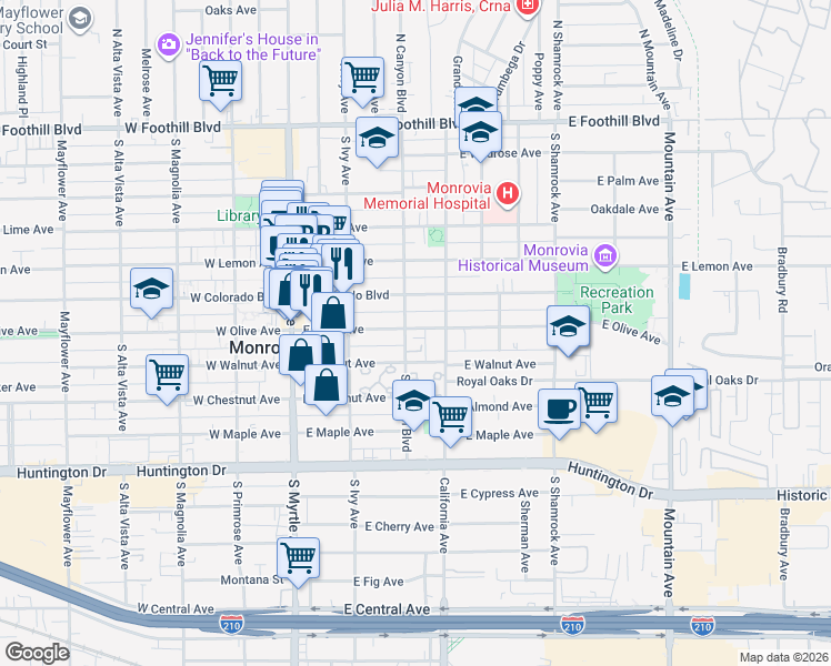 map of restaurants, bars, coffee shops, grocery stores, and more near 310 East Olive Avenue in Monrovia