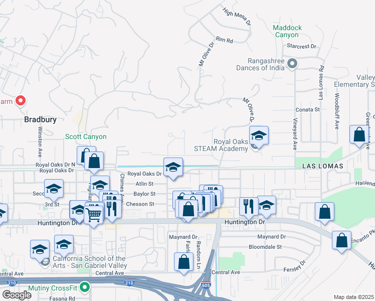 map of restaurants, bars, coffee shops, grocery stores, and more near 2147 Gardi Street in Bradbury