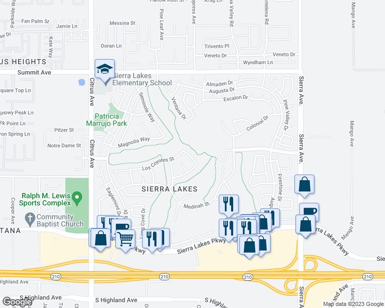 map of restaurants, bars, coffee shops, grocery stores, and more near 6017 Mira Vista Lane in Fontana