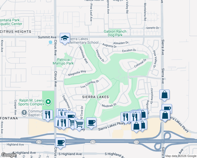 map of restaurants, bars, coffee shops, grocery stores, and more near 16396 Los Coyotes Street in Fontana