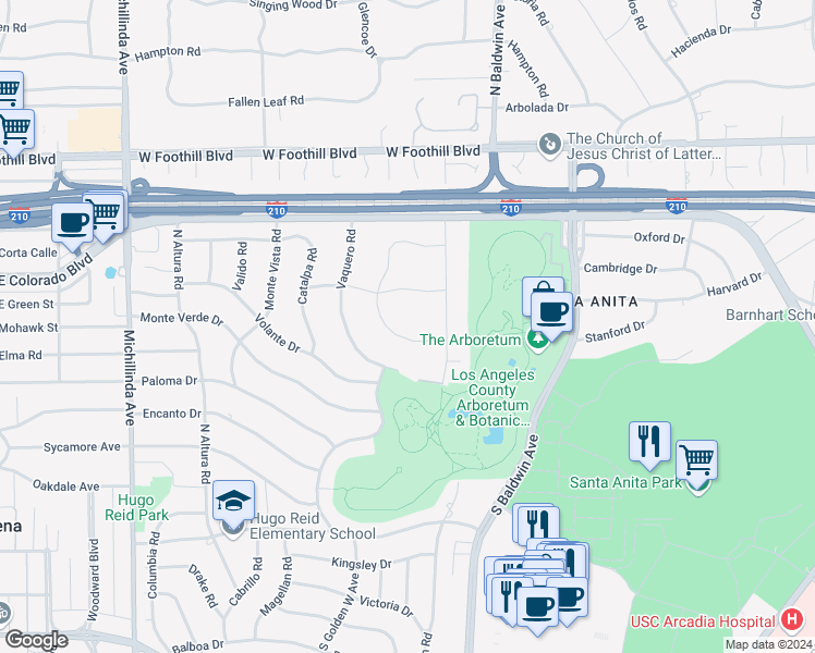 map of restaurants, bars, coffee shops, grocery stores, and more near 841 San Simeon Road in Arcadia