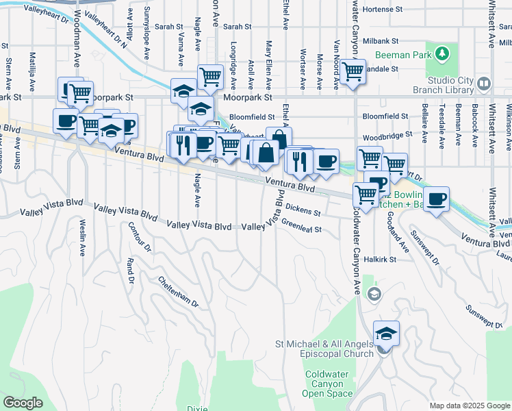 map of restaurants, bars, coffee shops, grocery stores, and more near 4137 Mary Ellen Avenue in Los Angeles