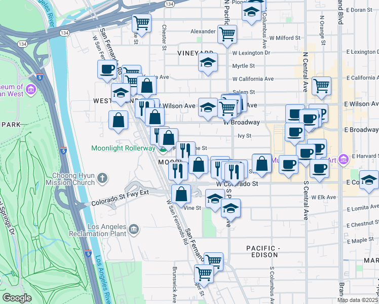 map of restaurants, bars, coffee shops, grocery stores, and more near 624 Hawthorne Street in Glendale
