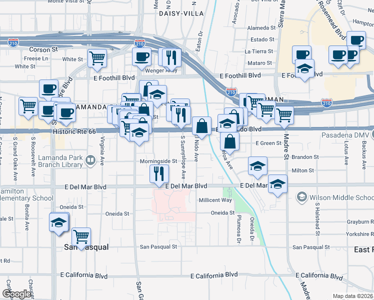 map of restaurants, bars, coffee shops, grocery stores, and more near 80 South Sunnyslope Avenue in Pasadena