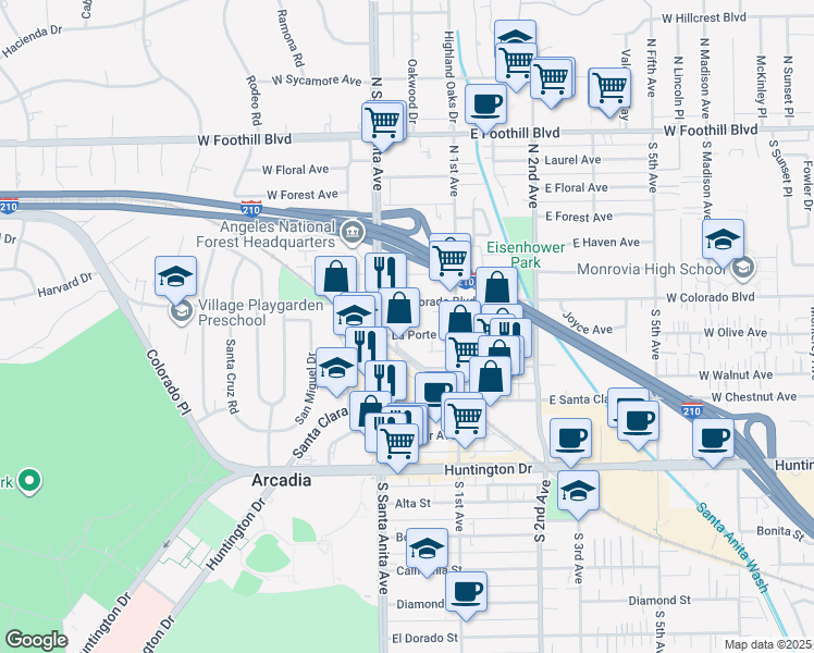 map of restaurants, bars, coffee shops, grocery stores, and more near 23 La Porte Street in Arcadia