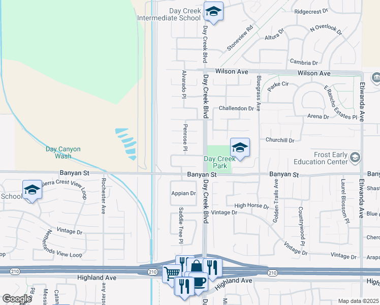 map of restaurants, bars, coffee shops, grocery stores, and more near 12244 Clydesdale Drive in Rancho Cucamonga
