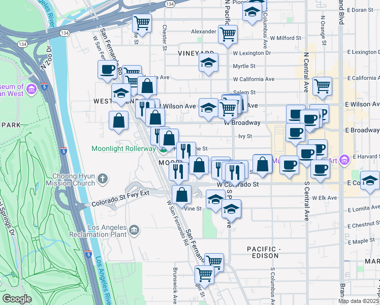 map of restaurants, bars, coffee shops, grocery stores, and more near 624 Hawthorne Street in Glendale