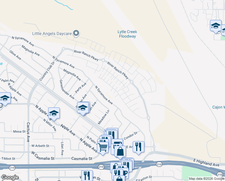 map of restaurants, bars, coffee shops, grocery stores, and more near 2436 Powell Drive in Rialto