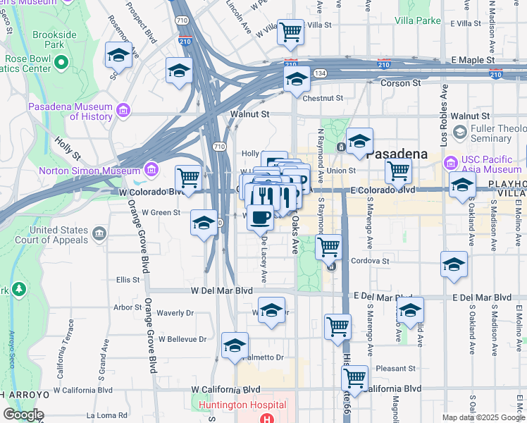 map of restaurants, bars, coffee shops, grocery stores, and more near 70W West Green Street in Pasadena