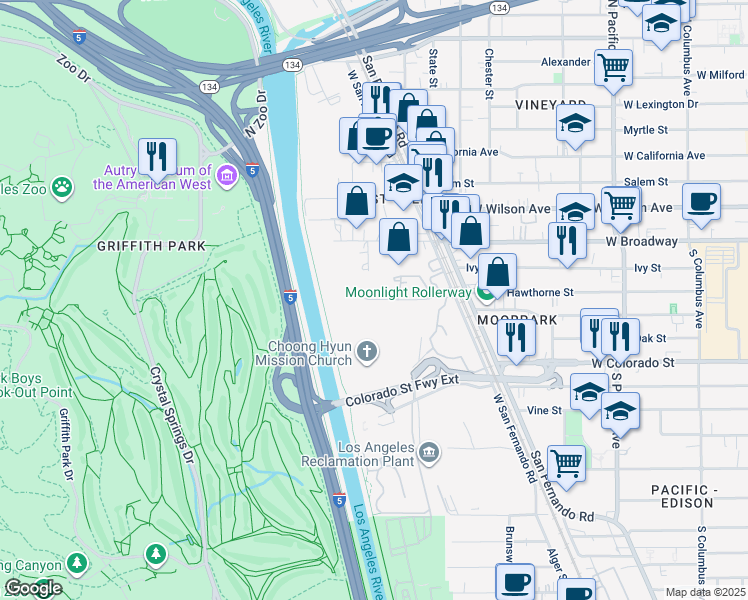 map of restaurants, bars, coffee shops, grocery stores, and more near 4592 Electronics Pl in Los Angeles