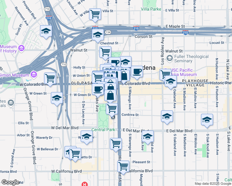 map of restaurants, bars, coffee shops, grocery stores, and more near 45S South Arroyo Parkway in Pasadena