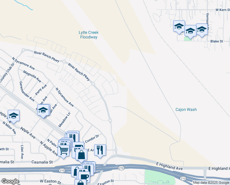 map of restaurants, bars, coffee shops, grocery stores, and more near 2391 Huron Road in Rialto