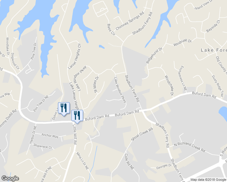 map of restaurants, bars, coffee shops, grocery stores, and more near 2374 Royal Pembroke Lane in Buford