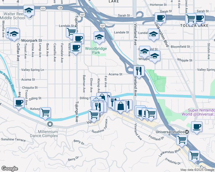 map of restaurants, bars, coffee shops, grocery stores, and more near 4180 Fair Avenue in Los Angeles