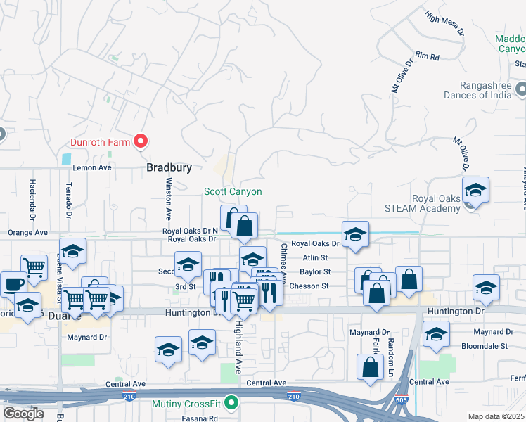 map of restaurants, bars, coffee shops, grocery stores, and more near 1835 Royal Oaks Drive in Bradbury