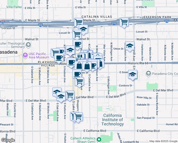 map of restaurants, bars, coffee shops, grocery stores, and more near 1009 East Green Street in Pasadena
