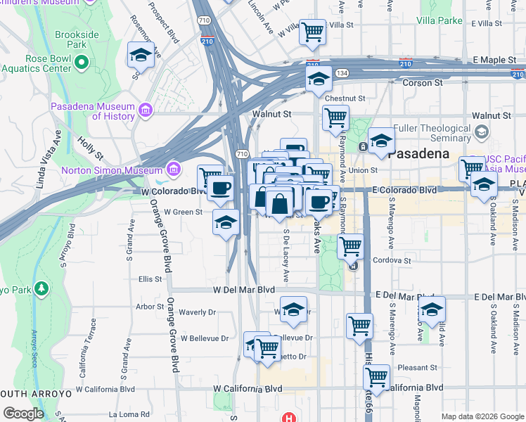 map of restaurants, bars, coffee shops, grocery stores, and more near 159 West Green Street in Pasadena