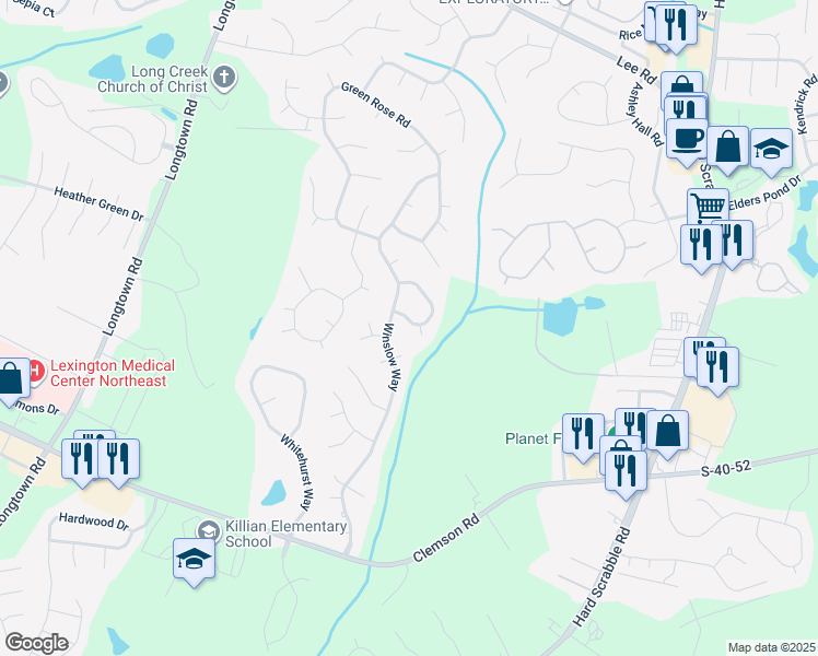 map of restaurants, bars, coffee shops, grocery stores, and more near 110 Moss Field Road in Columbia