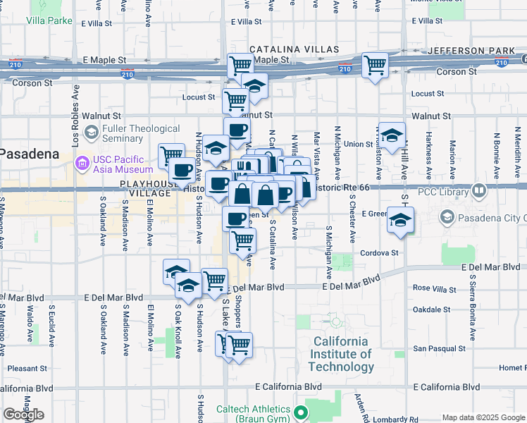 map of restaurants, bars, coffee shops, grocery stores, and more near in Pasadena