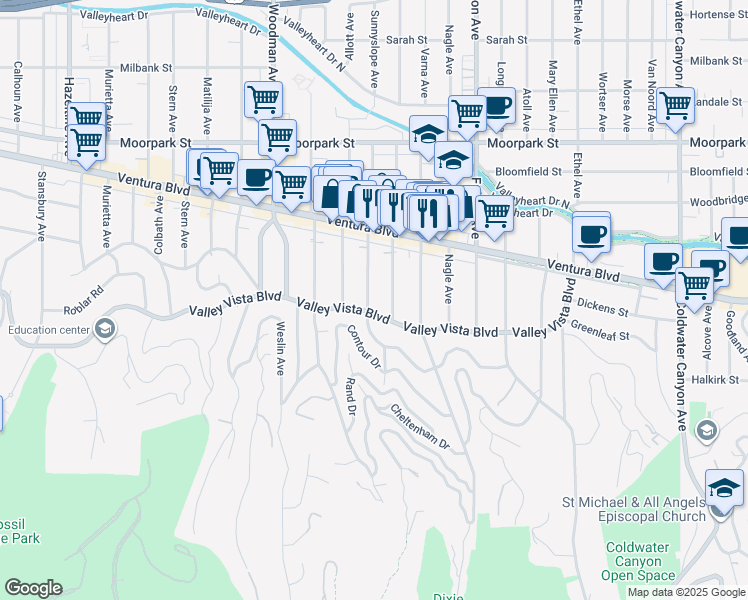 map of restaurants, bars, coffee shops, grocery stores, and more near 4115 Greenbush Avenue in Los Angeles