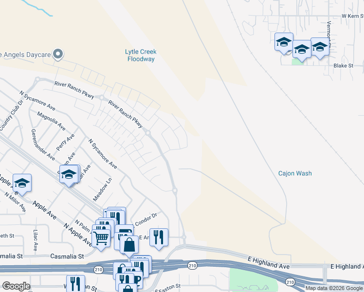 map of restaurants, bars, coffee shops, grocery stores, and more near 2391 Huron Road in Rialto