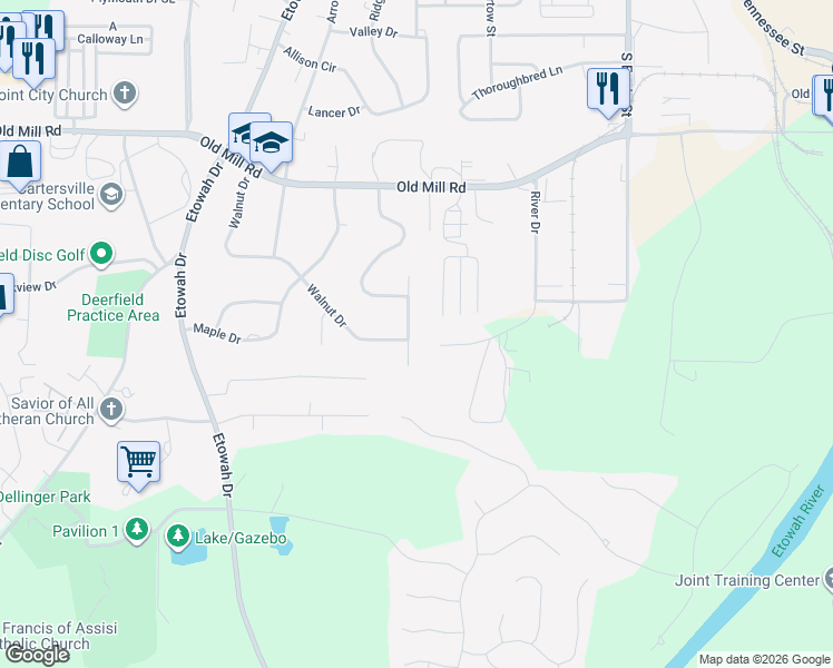 map of restaurants, bars, coffee shops, grocery stores, and more near 14 Alpine Drive in Cartersville