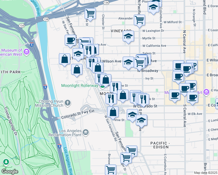 map of restaurants, bars, coffee shops, grocery stores, and more near 641 West Harvard Street in Glendale