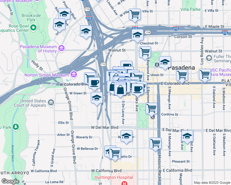 map of restaurants, bars, coffee shops, grocery stores, and more near 141 West Green Street in Pasadena