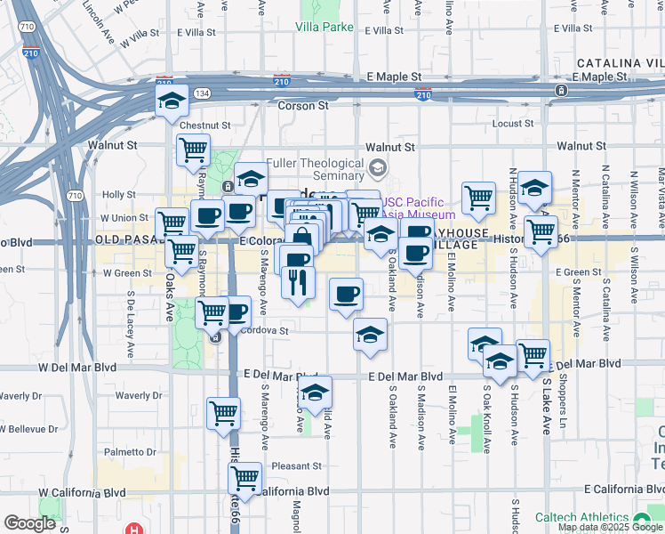 map of restaurants, bars, coffee shops, grocery stores, and more near in Pasadena