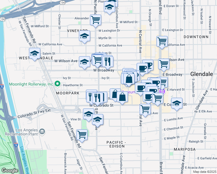 map of restaurants, bars, coffee shops, grocery stores, and more near 428 Hawthorne Street in Glendale