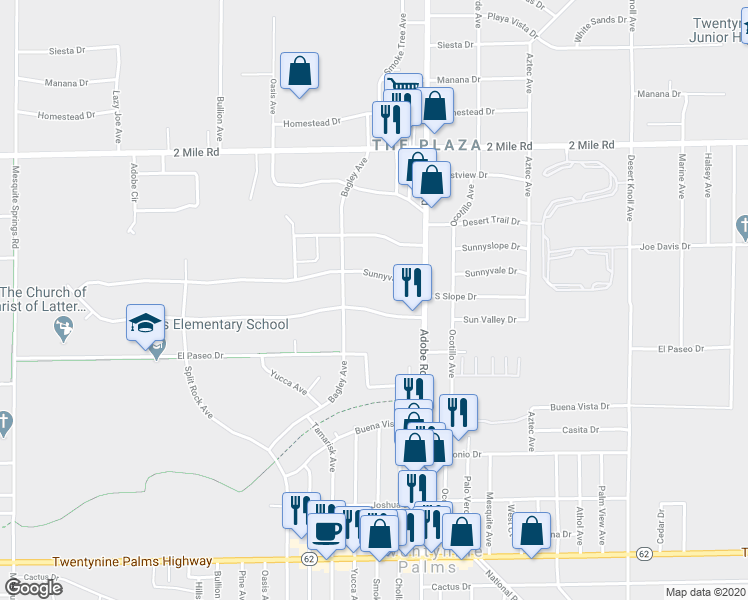 map of restaurants, bars, coffee shops, grocery stores, and more near 73602 Sun Valley Drive in Twentynine Palms