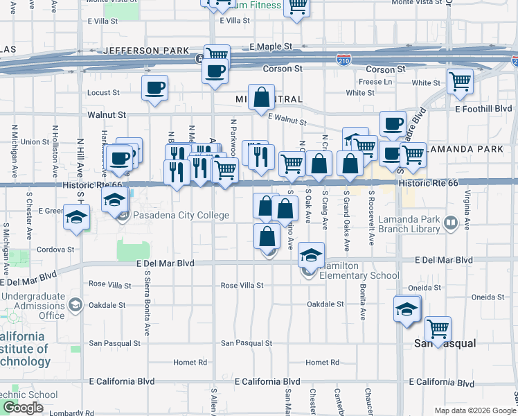 map of restaurants, bars, coffee shops, grocery stores, and more near 72 South Greenwood Avenue in Pasadena
