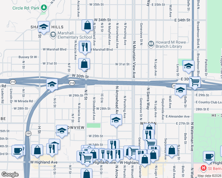 map of restaurants, bars, coffee shops, grocery stores, and more near 340 West 29th Street in San Bernardino