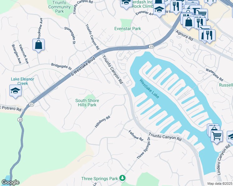 map of restaurants, bars, coffee shops, grocery stores, and more near 2257 Glastonbury Road in Westlake Village